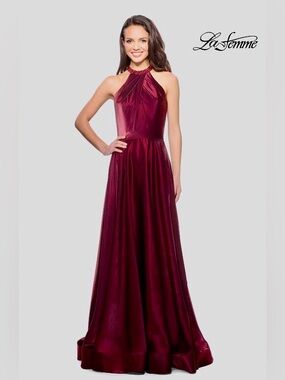La Femme Burgundy Halter Maxi Gown with Beaded Neckline Size 4